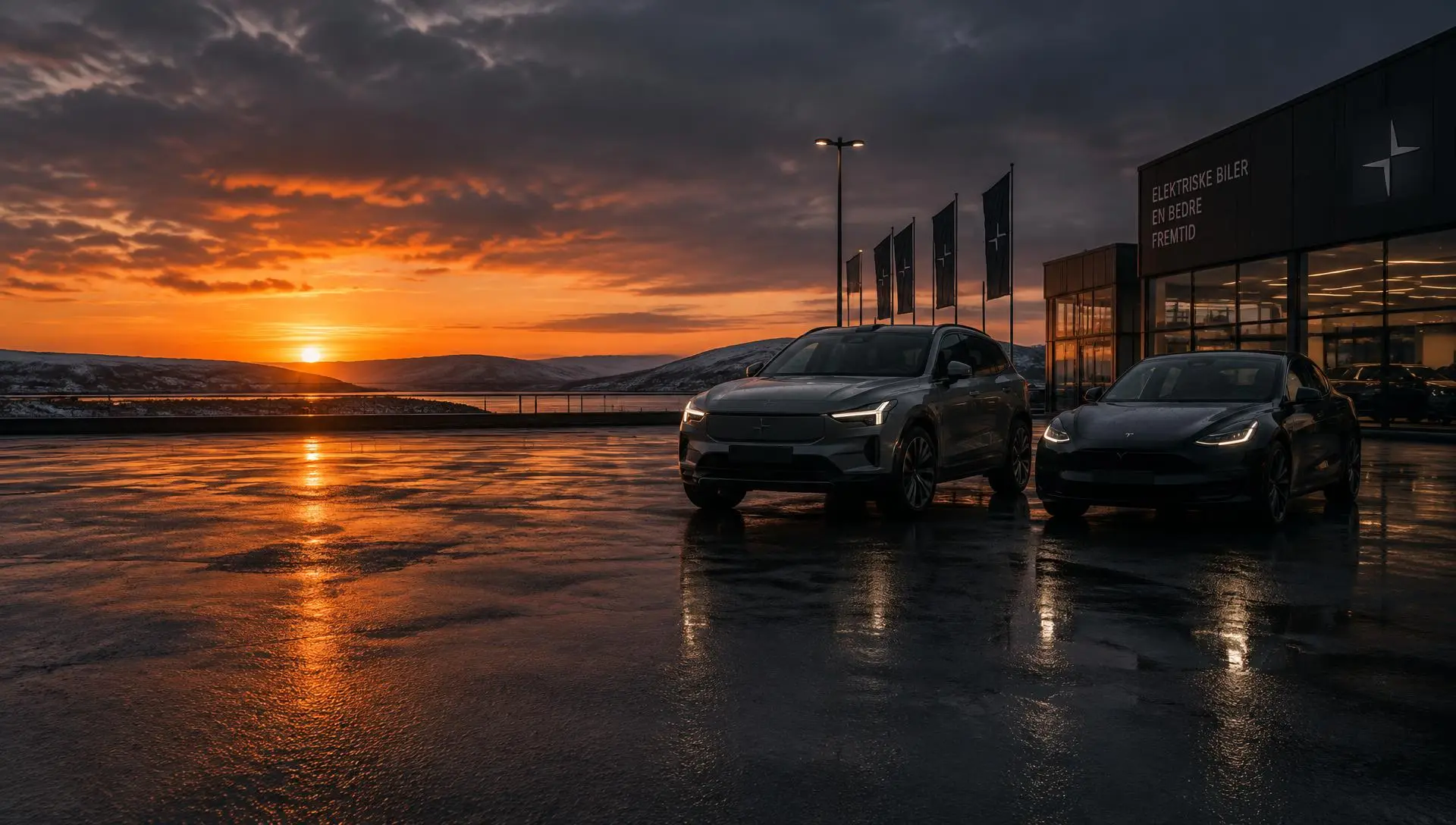 Biler ved TTC Nordic i solnedgang